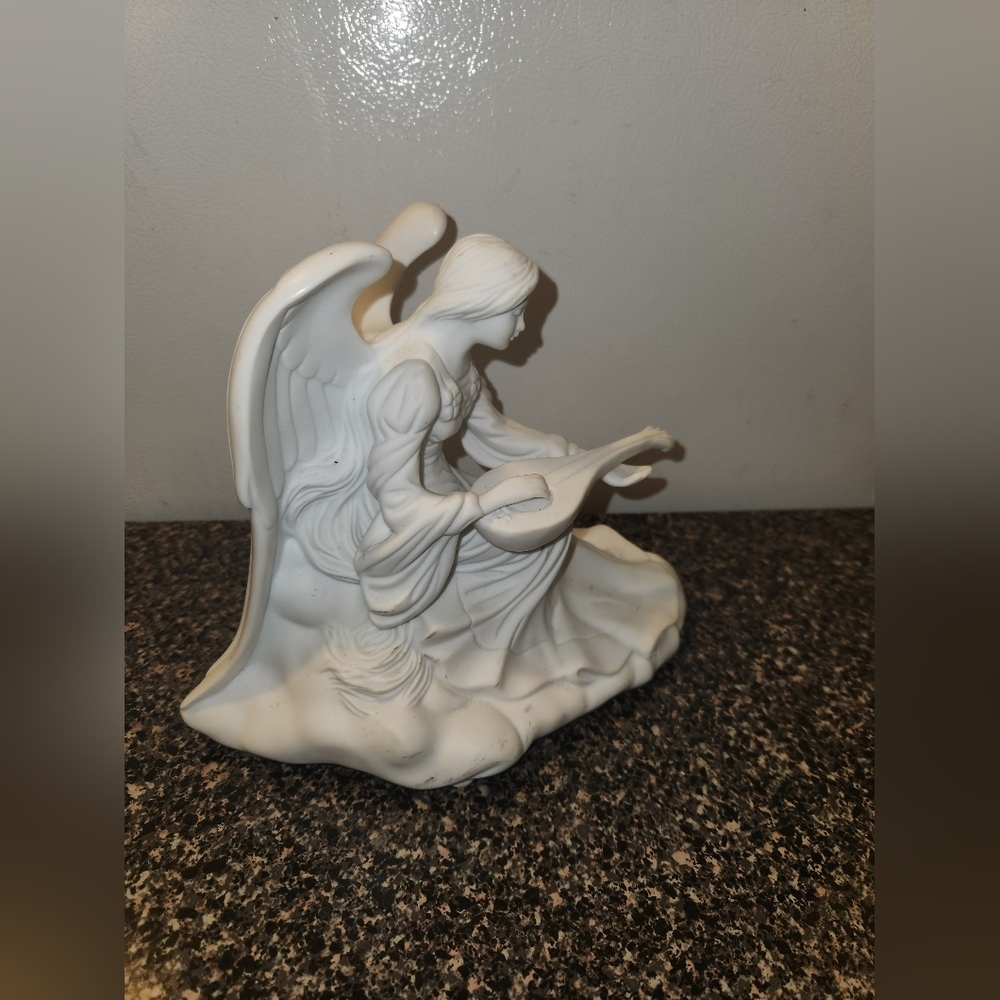 Heavenly Angel Ceramic Figurine White Dress Playing Mandolin Approx 9" &…